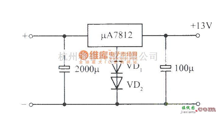 电源电路中的μ7812构成的13V稳压电源利用二极管提升输出电压  第1张