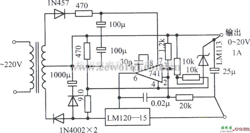 电源电路中的LM120-15,齐纳二极管LM741构成的0～20V、1A可调稳压电源  第1张