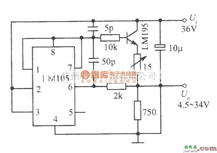 电源电路中的LM105,集成功率管LM195构成的4．5～34V、lA可调稳压电源  第1张