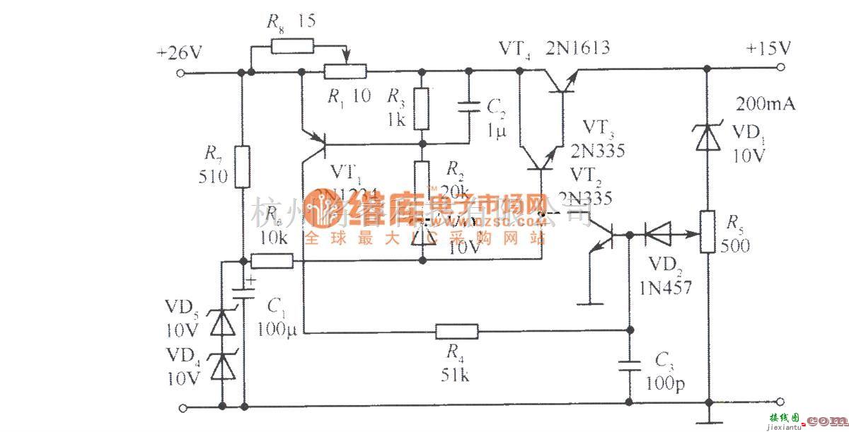 电源电路中的保护电流可调的15V稳压电源电路  第1张