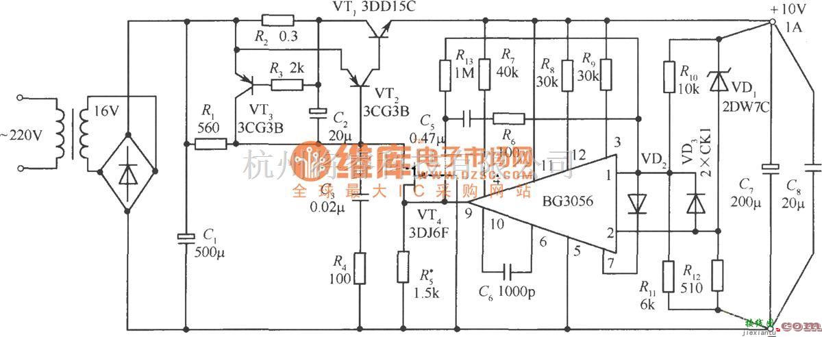 电源电路中的1OV、1A精密稳压电源电路  第1张