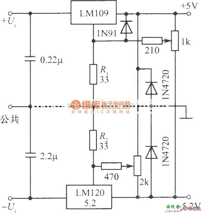 电源电路中的ＬＭ１０９，ＬＭ１２０构成的带微调的双稳压电源  第1张