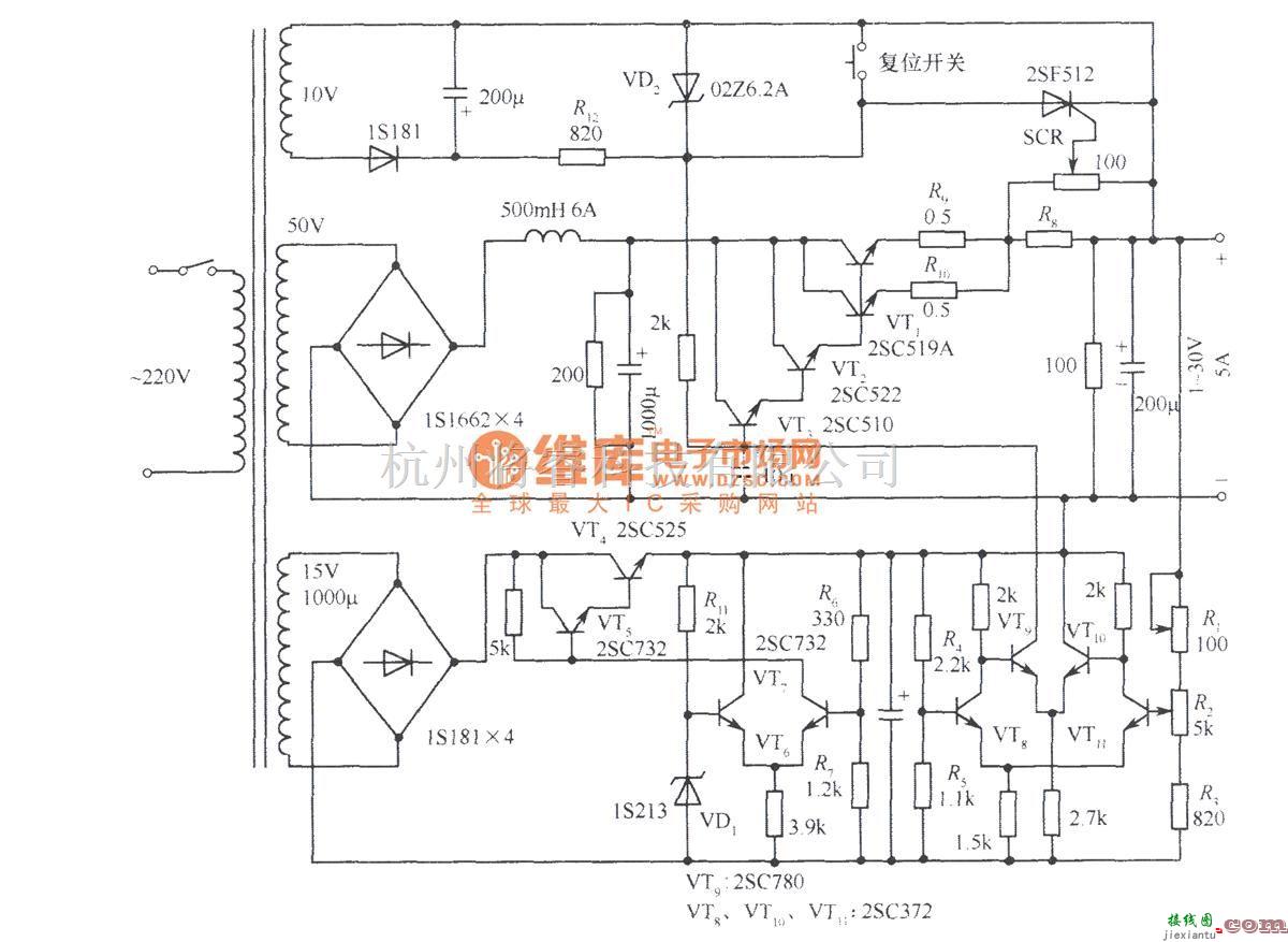 电源电路中的1～30V、5A稳压电源电路  第1张