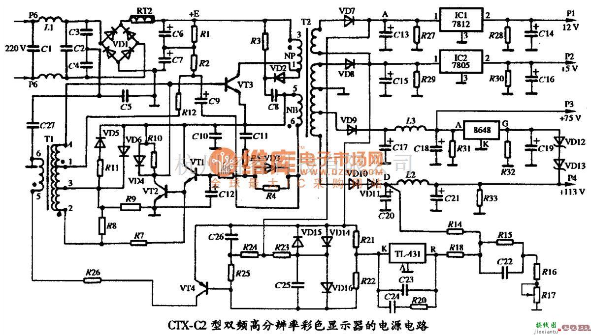 显示器电源中的CTX C2型双频高分辨率彩色显示器的电源电路图  第1张