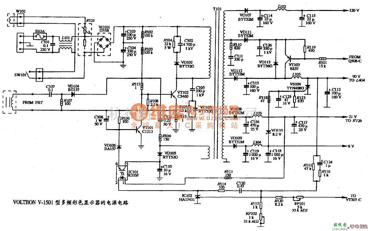 显示器电源中的VOLTRON V-1501型多频彩色显示器的电源电路图  第1张