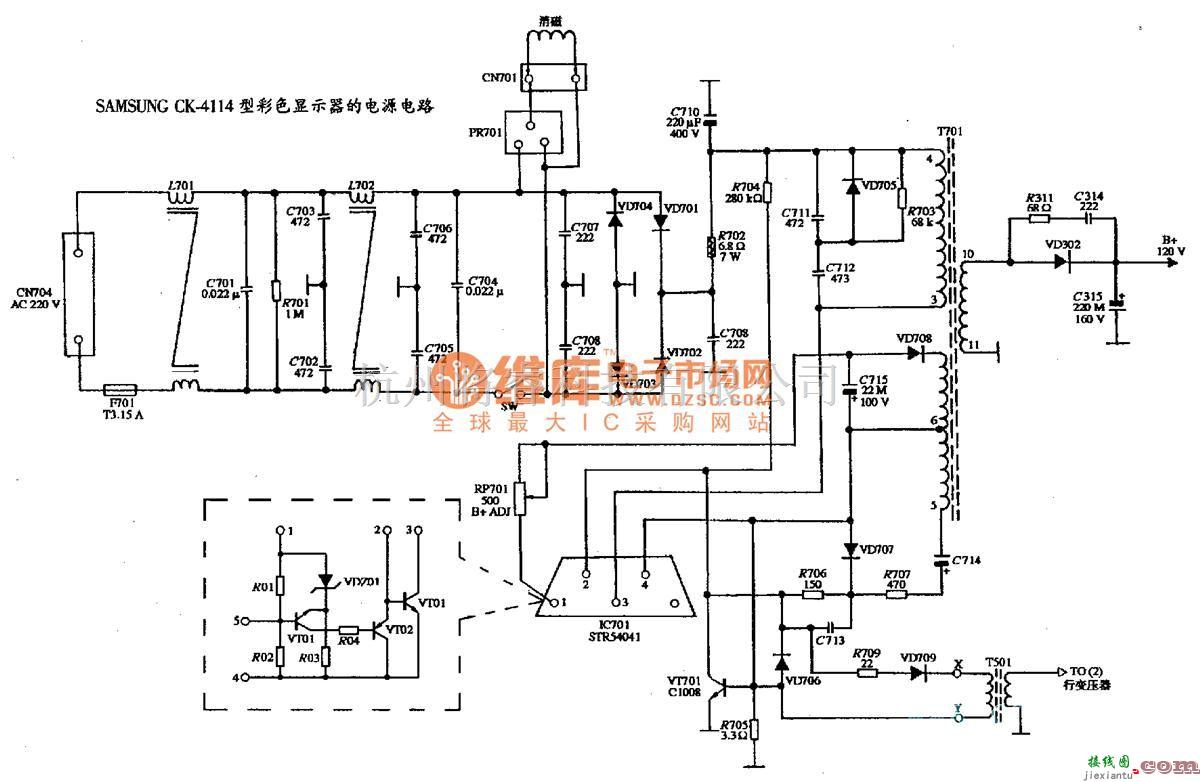 显示器电源中的SAMSUNG CK-4114型彩色显示器的电源电路图  第1张