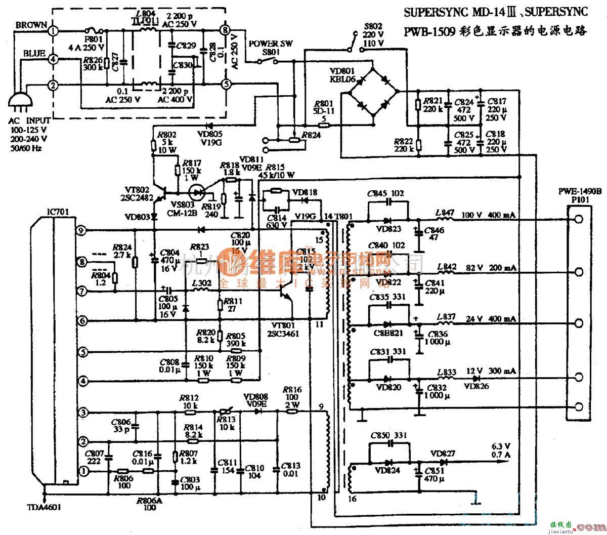 显示器电源中的SUPERSYNC MD-14III、SUPERSYNC PWB-1509二种机型彩色显示器的电源电路图  第1张