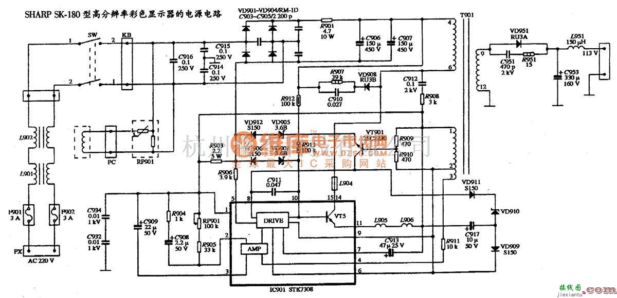 显示器电源中的SHARP SK-180型高分辨率彩色显示器的电源电路图  第1张