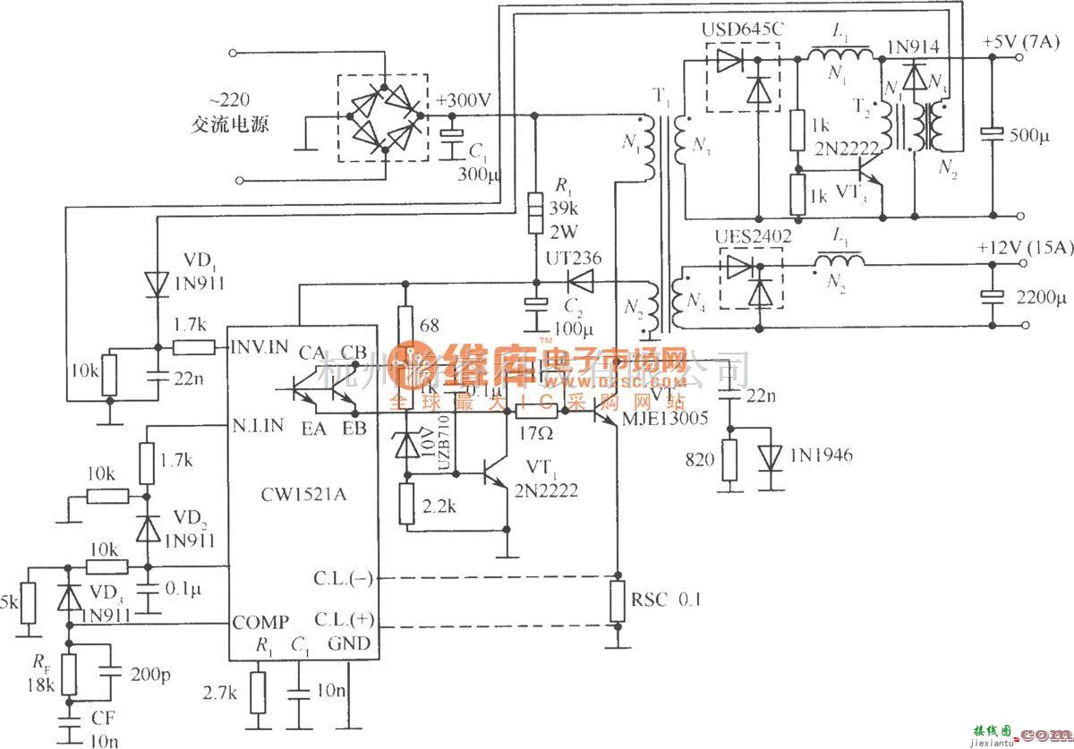 开关稳压电源中的由cwl524A制作的单端正激变换隔离式开关稳压电源电路  第1张