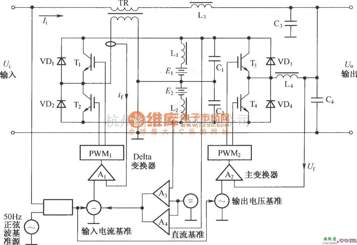 IGBT应用电路中的Delta变换型UPS的简化原理图  第1张