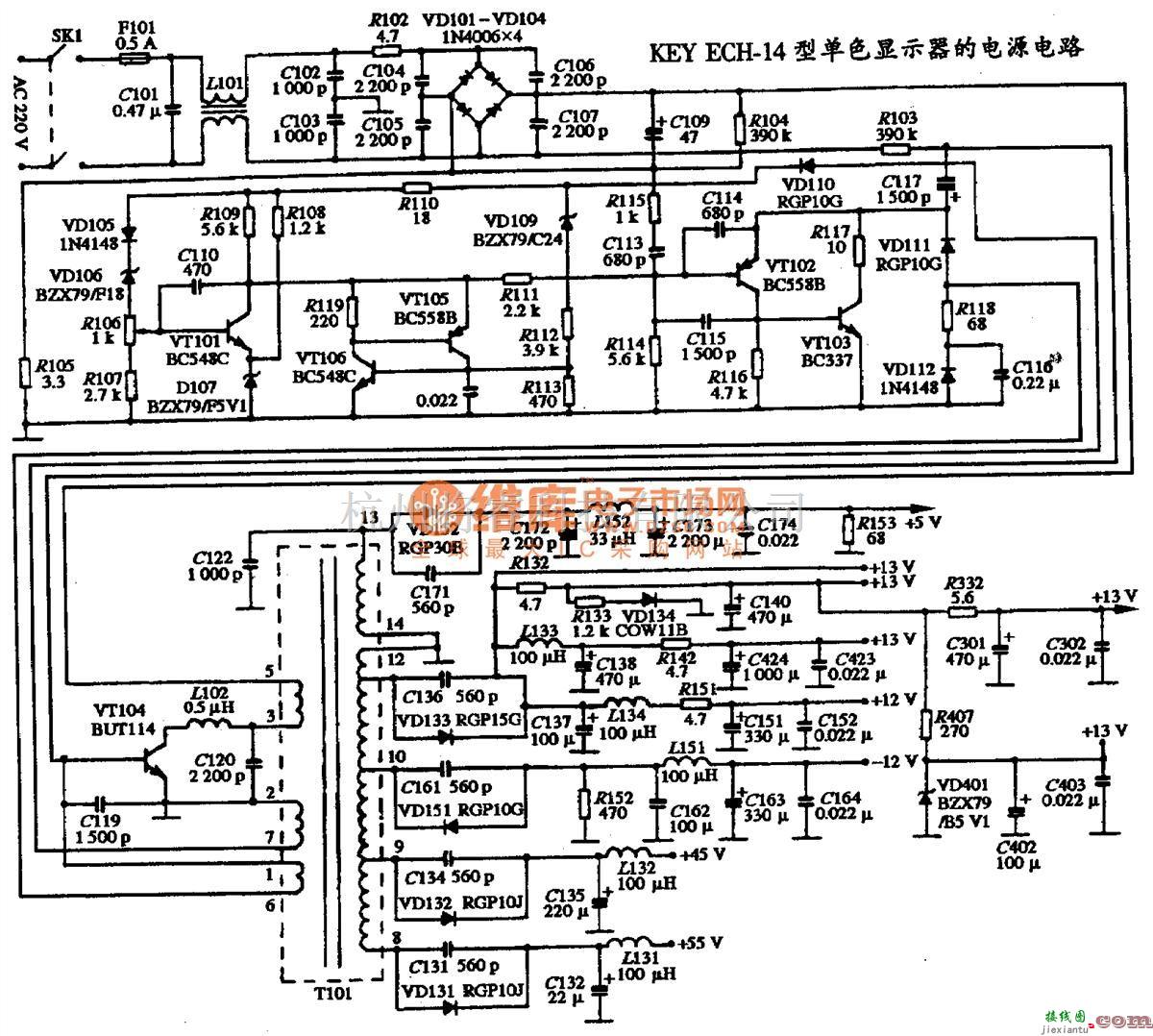 显示器电源中的KEY ECH-14型单色显示器的电源电路图  第1张