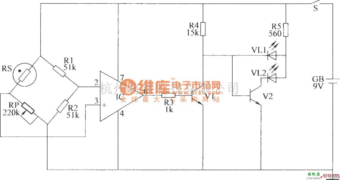 常用单元电路中的湿度指示器电路  第1张