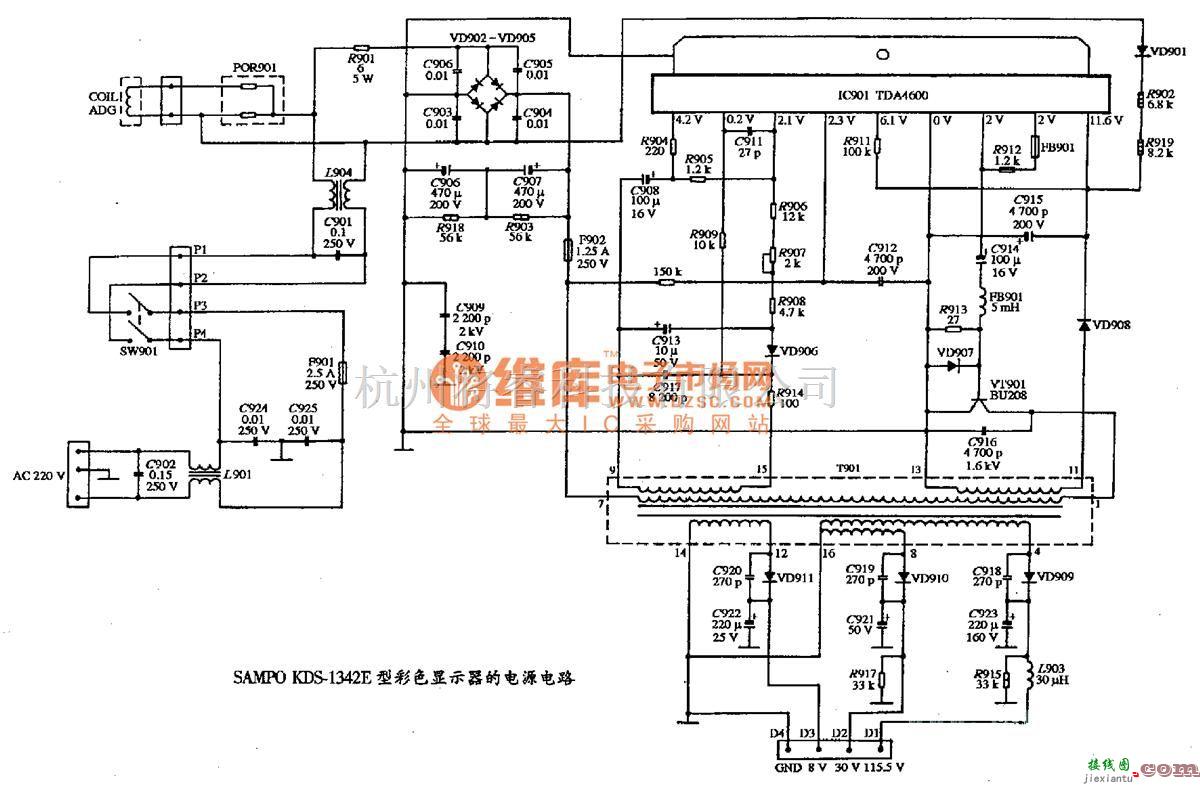 显示器电源中的SAMPO KDS-1342E型彩色显示器的电源电路图  第1张