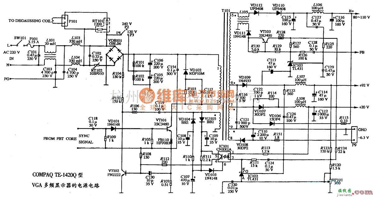 显示器电源中的COMPAQ TE-1420Q型VGA多频显示器的电源电路图  第1张