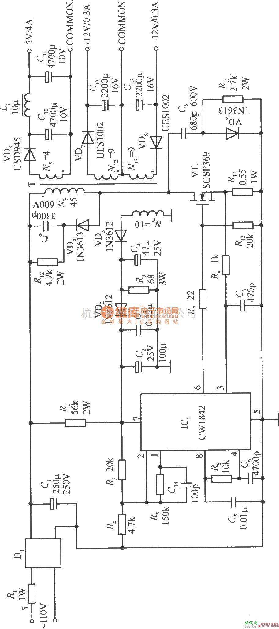 开关稳压电源中的由CW1842外接MOS功率管单端反射变换器电路  第1张