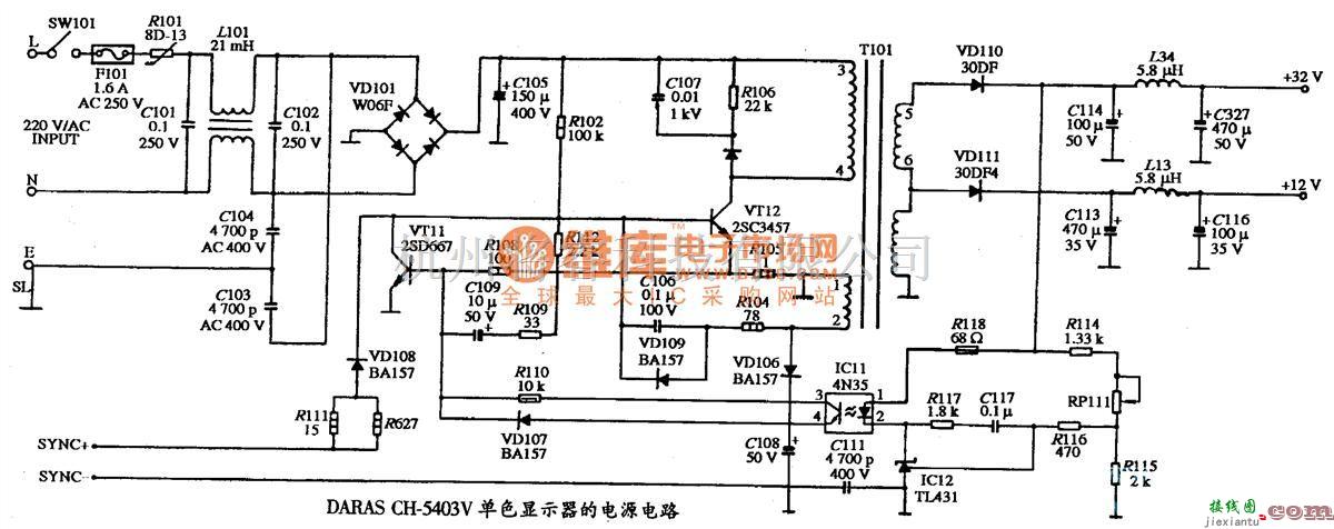 显示器电源中的DARAS CH-5403V型单色显示器的电源电路图  第1张