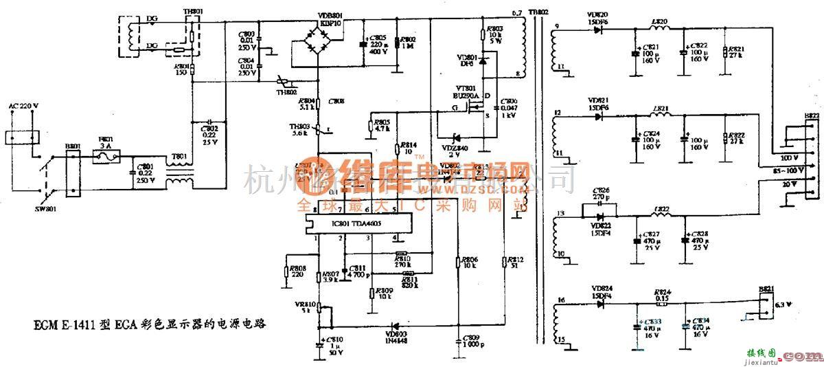 显示器电源中的EGM E-1411彩色显示器的电源电路图  第1张