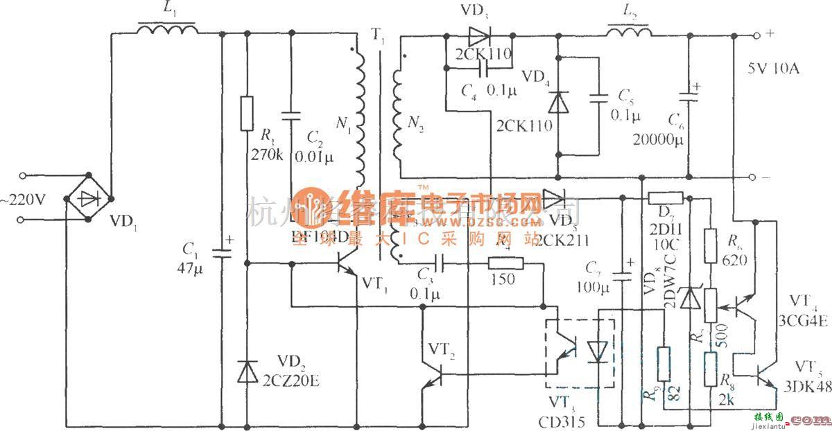 开关稳压电源中的单端正激变换式开关稳压电源的实用电路  第1张