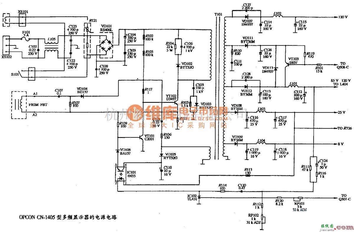 显示器电源中的OPCON CN-1405型彩色显示器的电源电路图  第1张