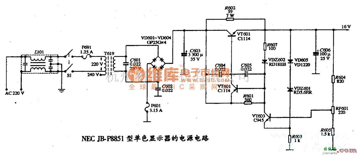 显示器电源中的NEC JB-P8851型单色显示器的电源电路图  第1张