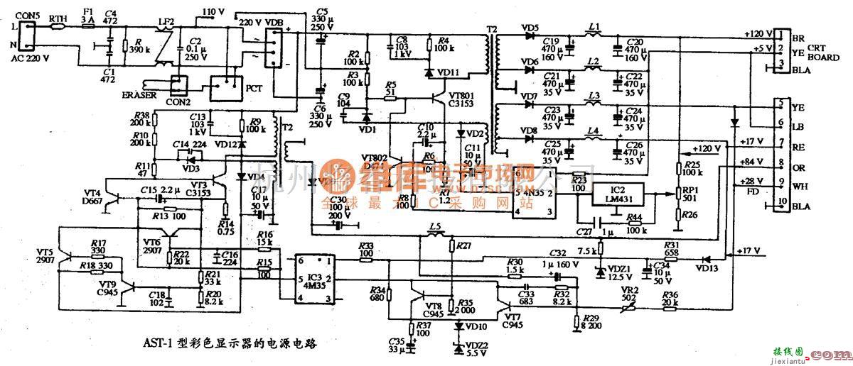 显示器电源中的AST-1型彩色显示器的电源电路图  第1张