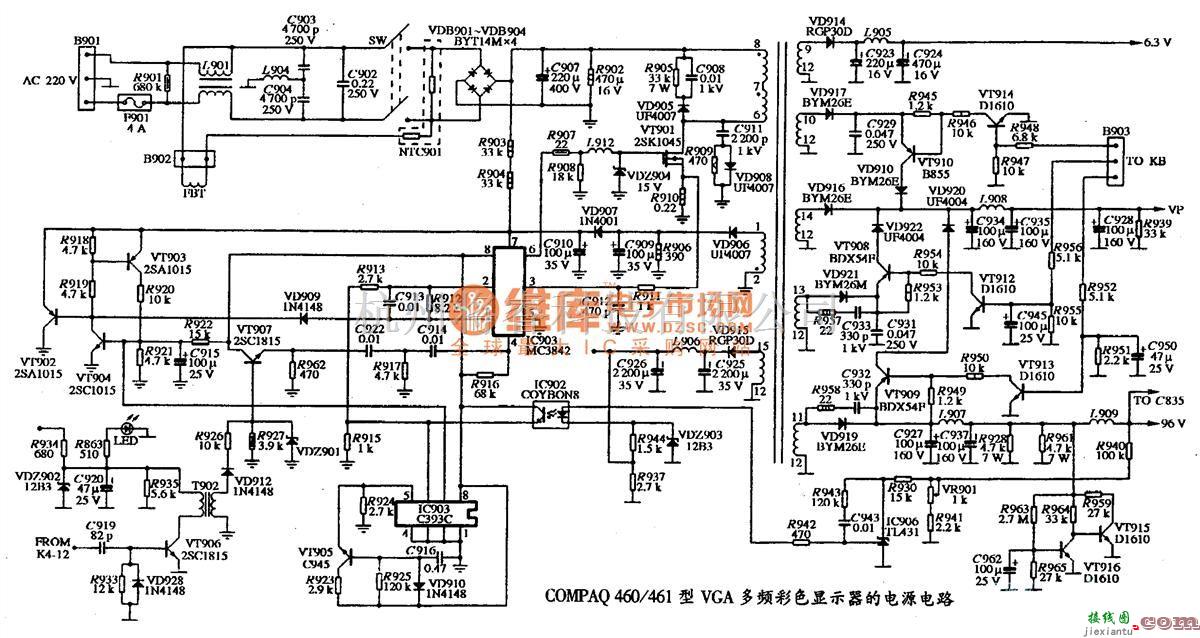 显示器电源中的COMPAQ 460/461型VGA多频彩色显示器的电源电路图  第1张