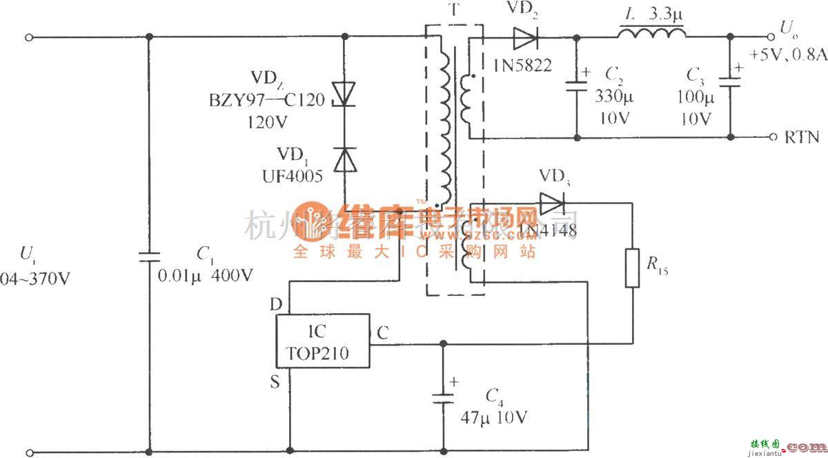 开关稳压电源中的单片TOP210构成的+5V、4W开关电源电路  第1张