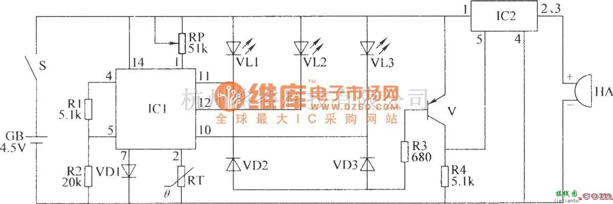 常用单元电路中的温度监测报警器电路  第1张