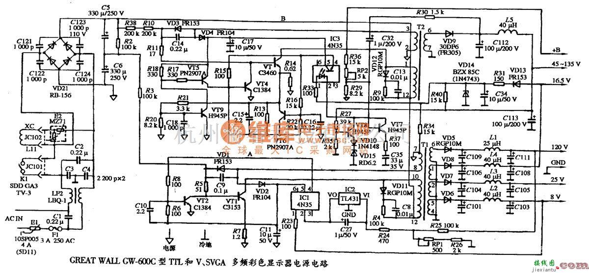 显示器电源中的GREAT WALL GW-600C型TTL和V、SVGA多频彩色显示器的电源电路图  第1张