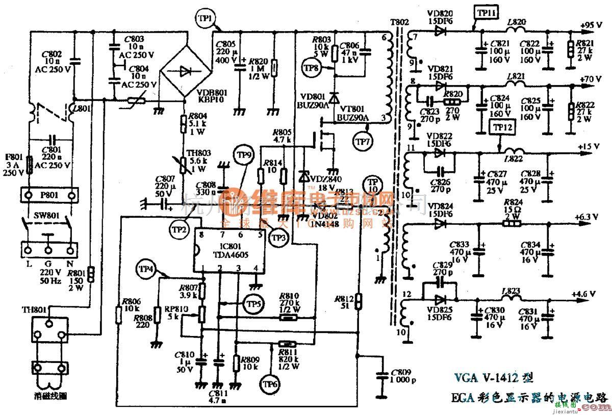 显示器电源中的VGA V-1412型EGA彩色显示器的电源电路图  第1张