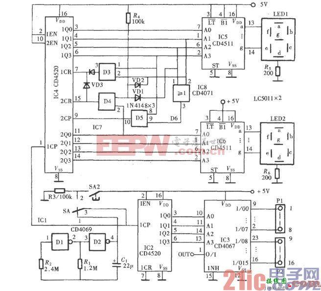 CD4520、CD4511、CD4067数显式自动巡检电路图  第1张