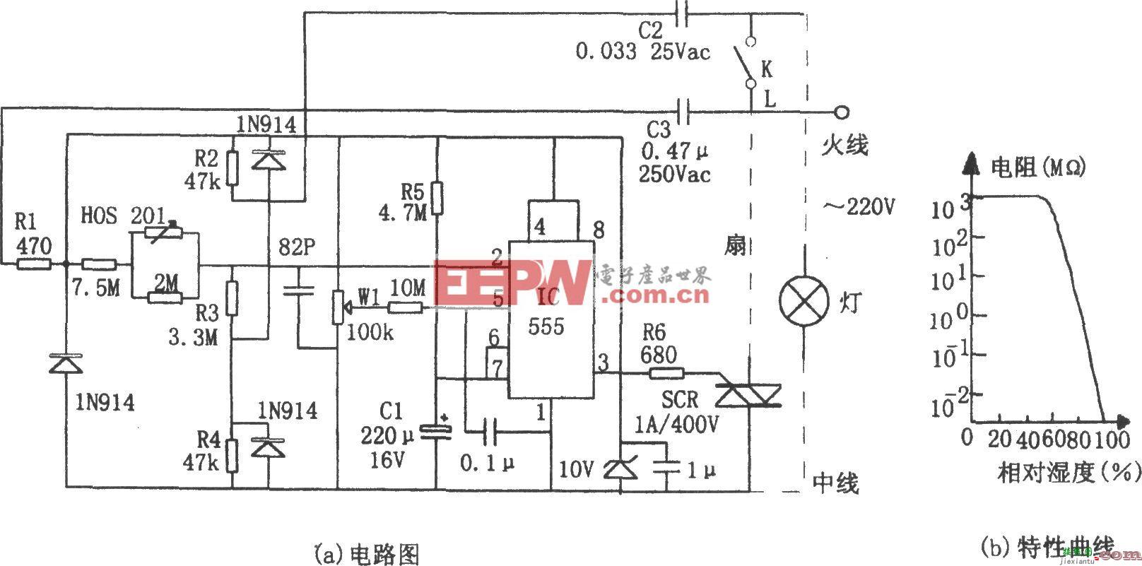 555构成的室内湿度控制电路  第1张