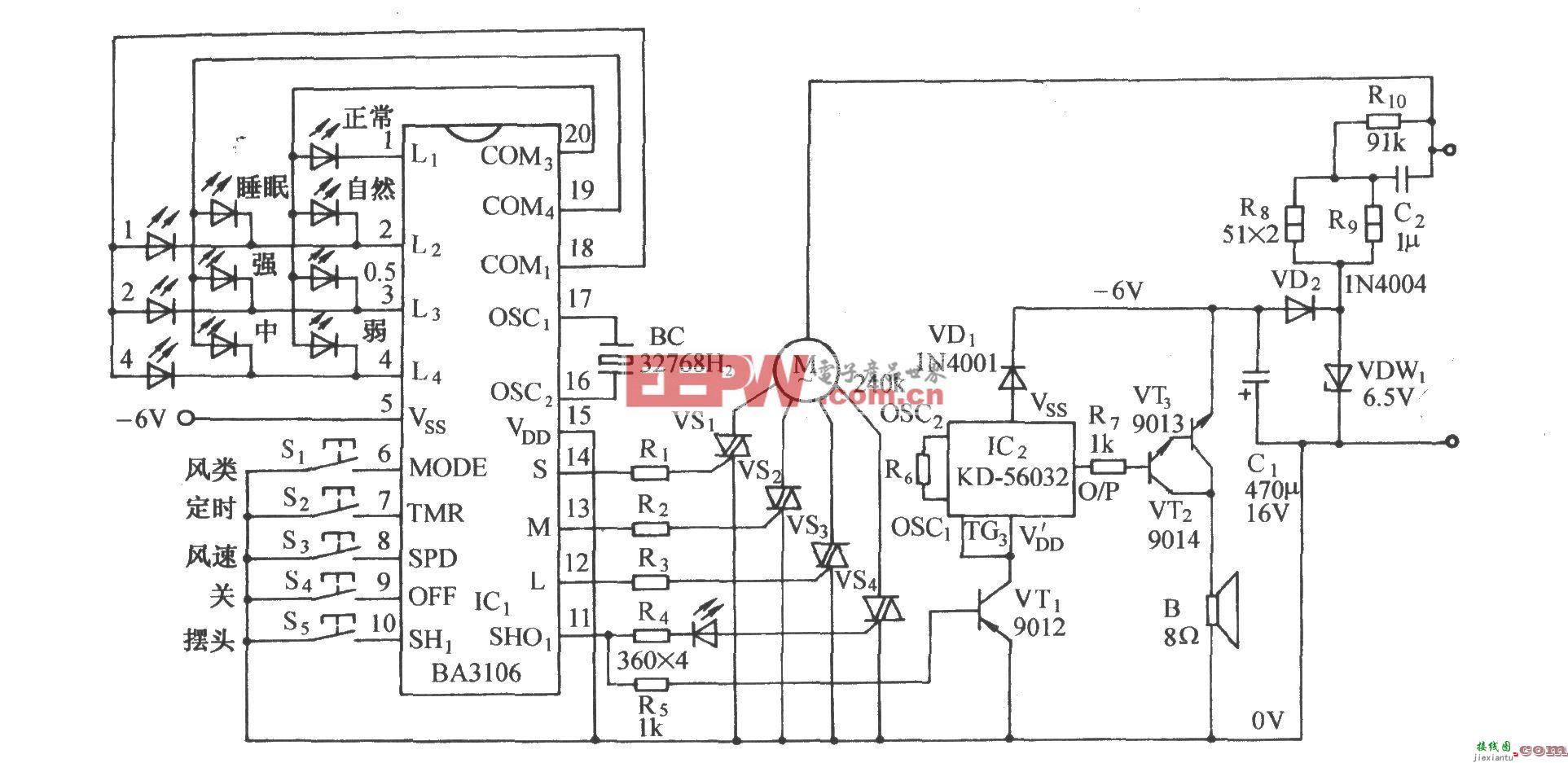 用BA3106的多功能电风扇伴大自然音响控制电路  第1张