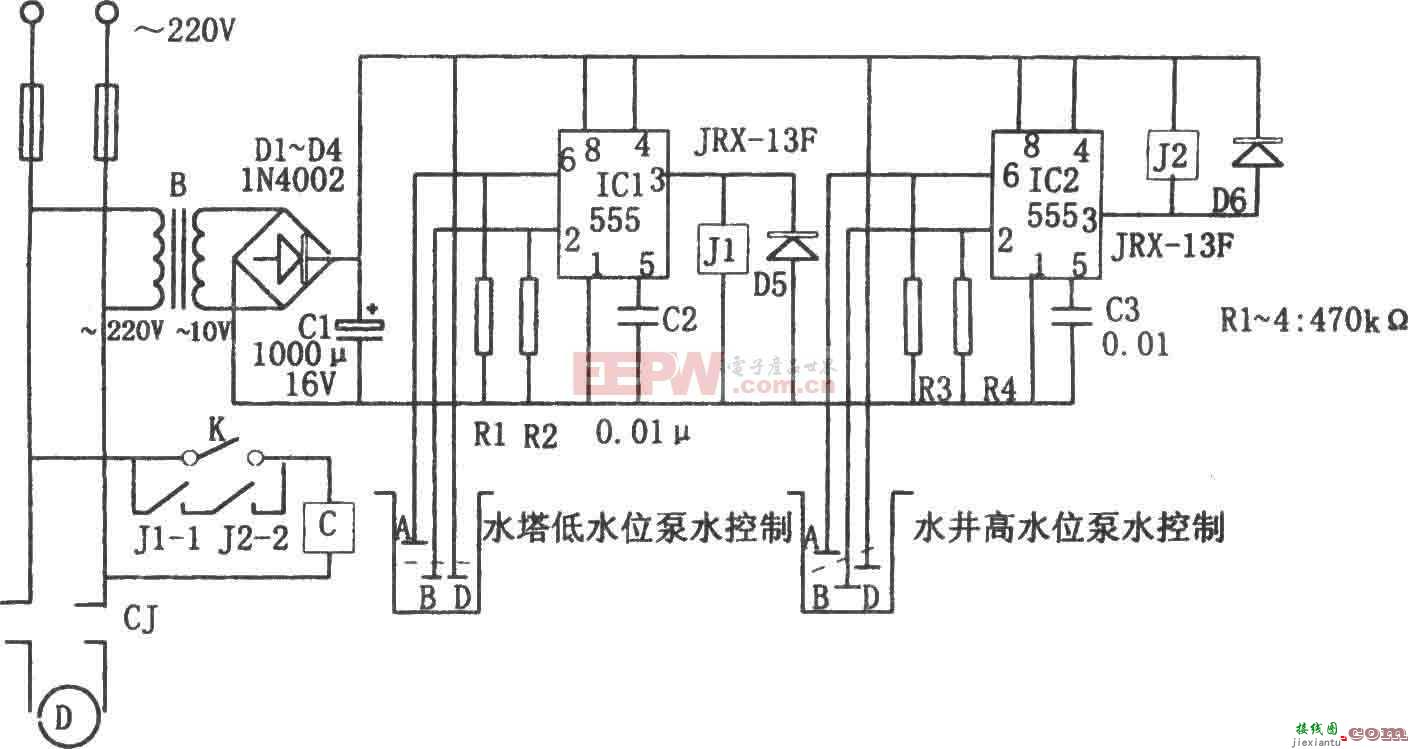 555构成的水位控制电路图  第1张