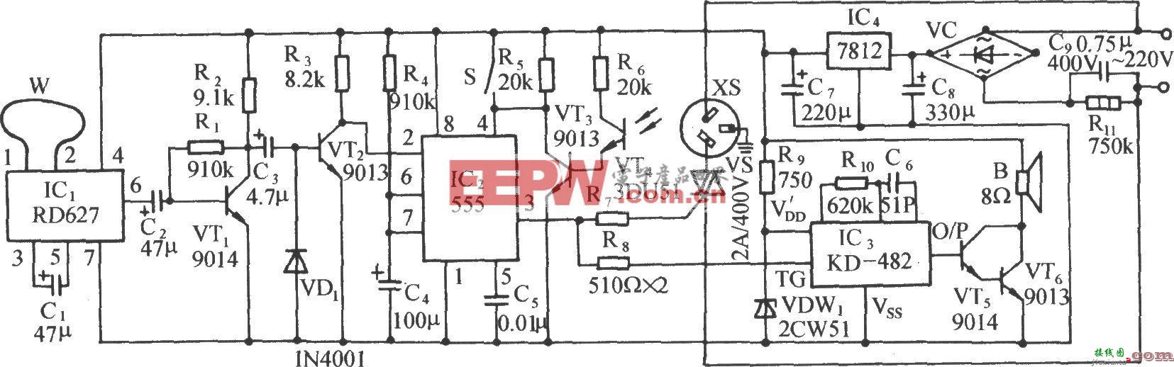 多普勒效应和光照双控自动门插座电路(RD627)  第1张