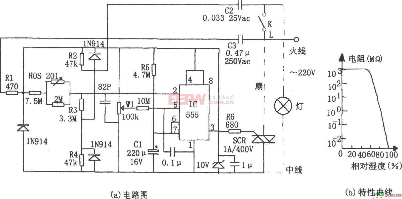 555构成的室内湿度控制电路图  第1张