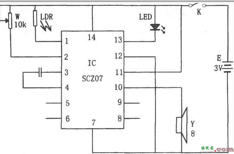 SCZ07构成的光弱报警器电路  第1张