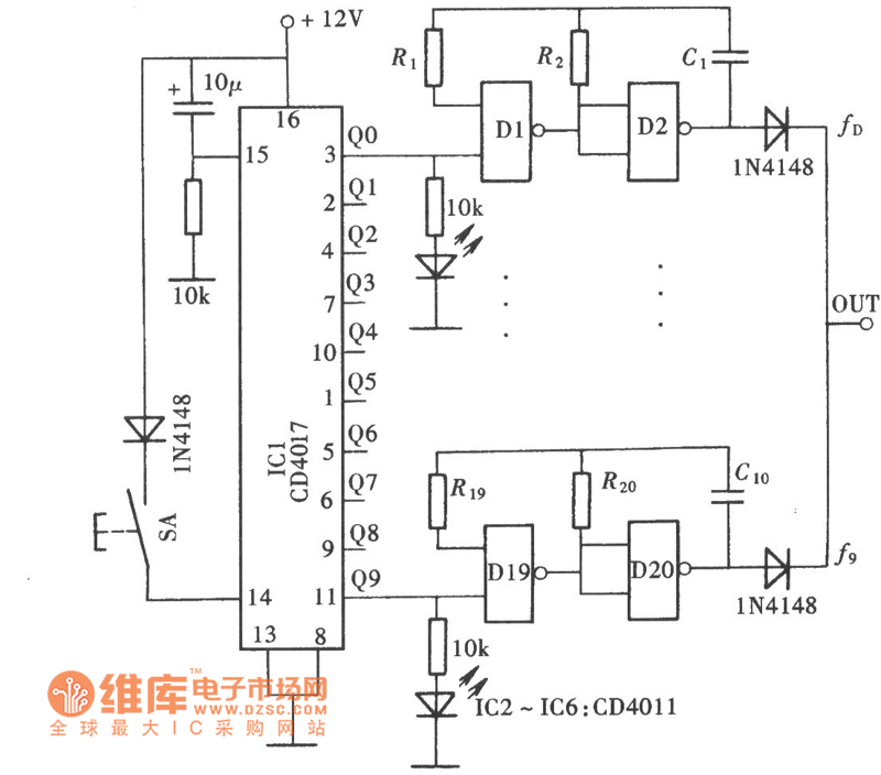 十挡频率信号发生器(CD4011、CD4017)电路图  第1张