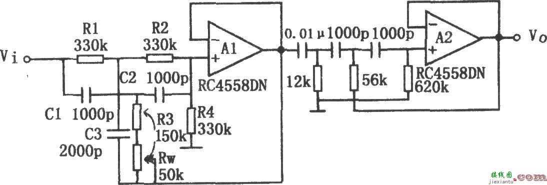 具有锐截止特性的有源高通滤波器(RC4558DN)  第1张