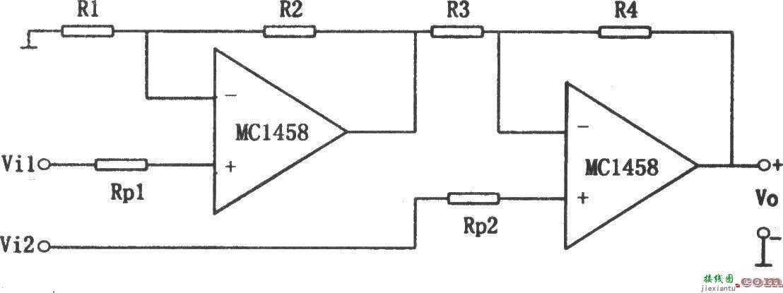 从同相端输入的两运放减法电路(MC1458)  第1张