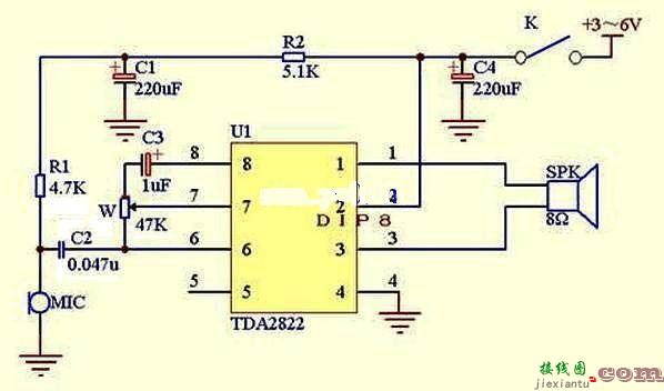 TDA2822制作话筒功放电路图  第1张