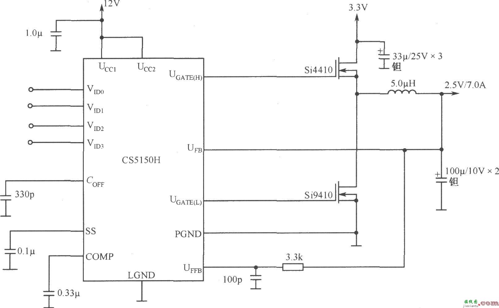 4位编码同步降压控制器CS5150H构成的有12V偏压3.3V至2.5V／7.0A  第1张