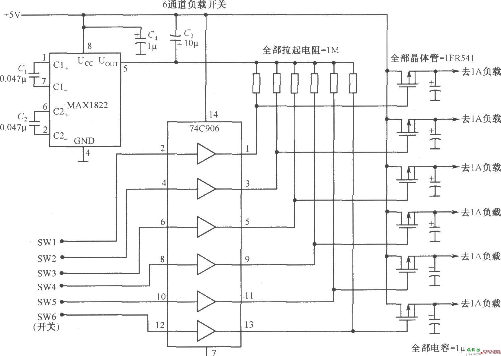 由MAX1822和74C906构成的1～6通道负载开关电路  第1张