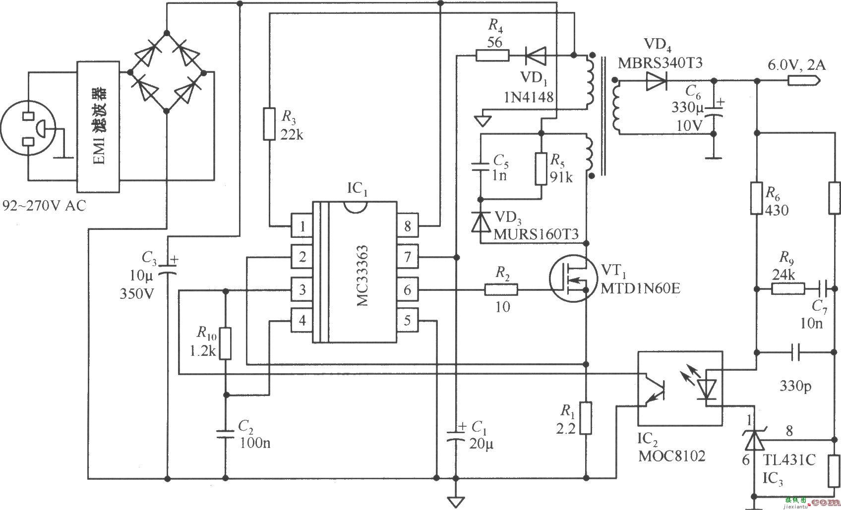 由MC33363构成的6V／2A隔离式开关稳压电源电路  第1张