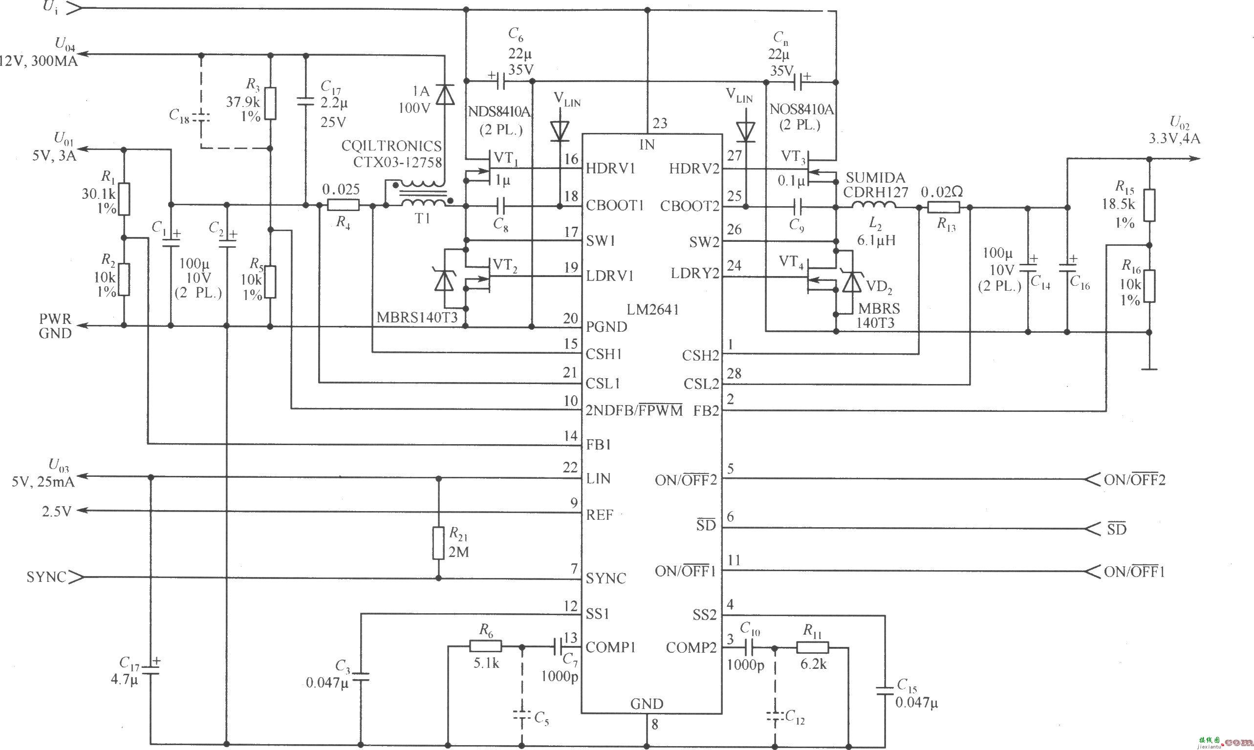 由LM2641构成的输5V／3A，3.3V／4A，12V／0.3A和5V／0.025A的四输出电源电路  第1张