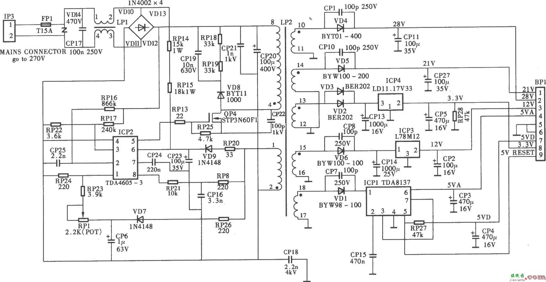 百胜P-3500型数字卫星电视接收机电源电路  第1张