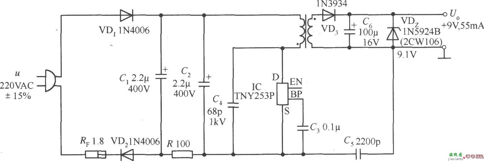 由TNY253P构成的9V、55mA AC／DC变换器电路  第1张