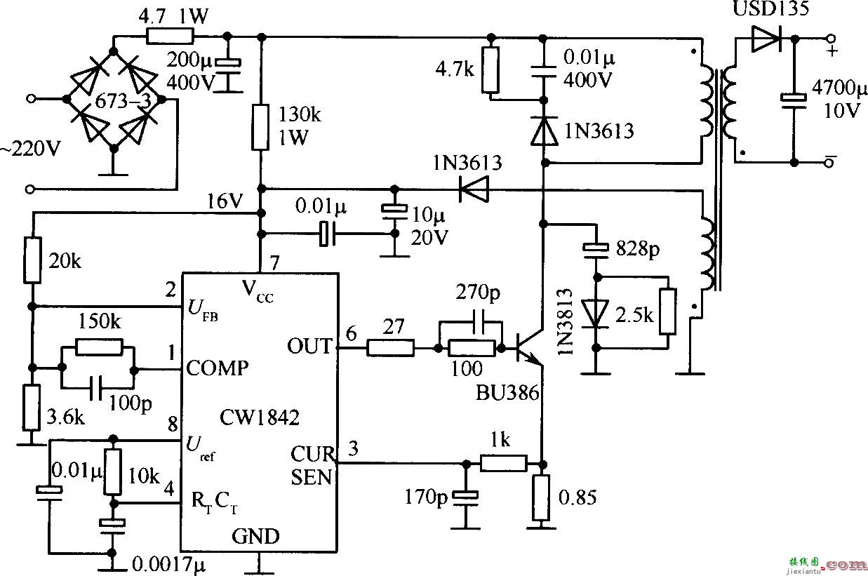由CWl842外接双极型功率管的单端反激变换器电路  第1张