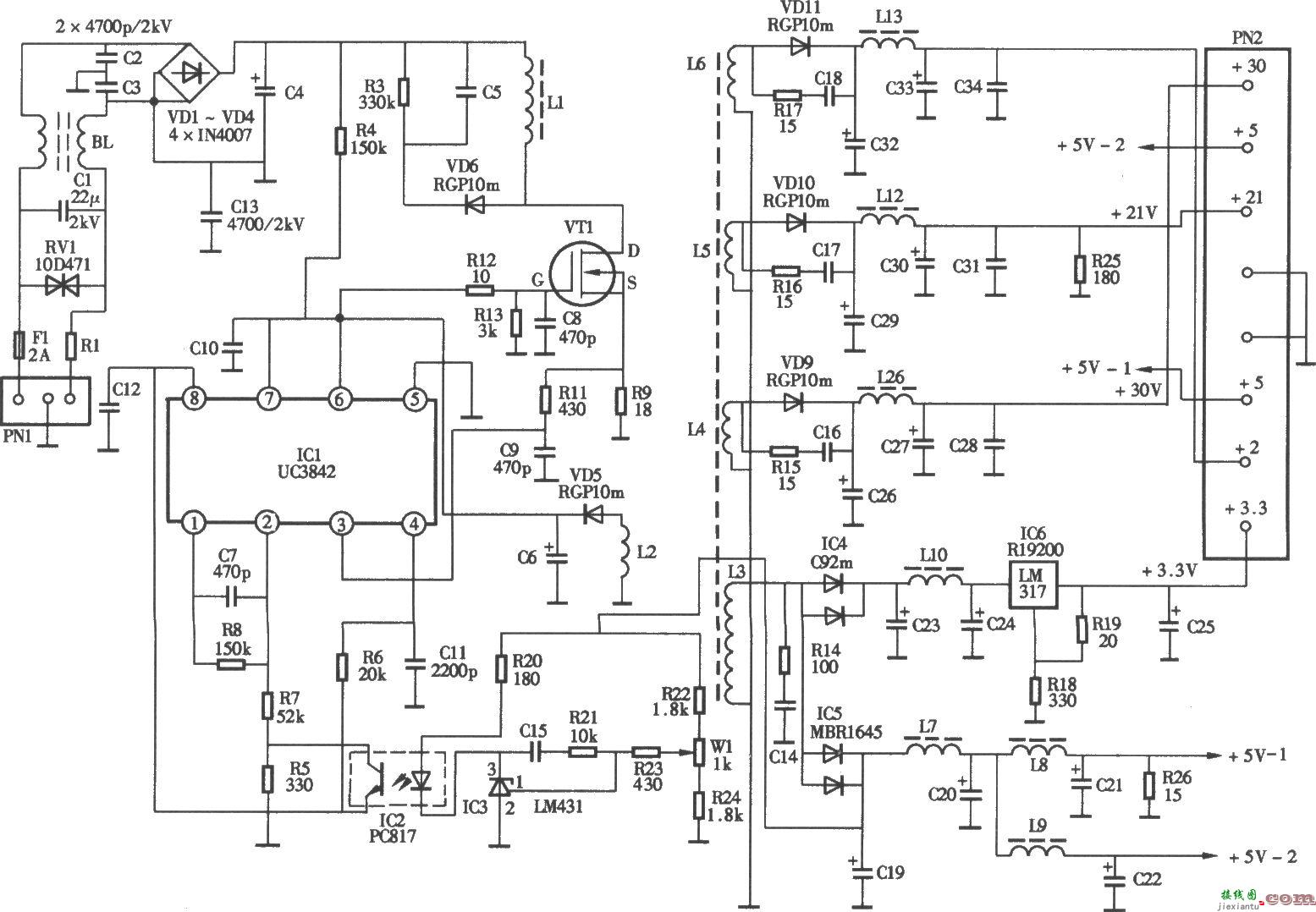 PBI DVR-1000型数字卫星电视接收机电源电路  第1张