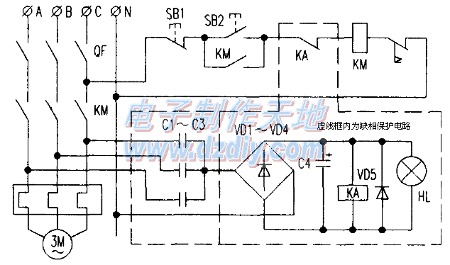 简单的电机缺相保护电路  第1张